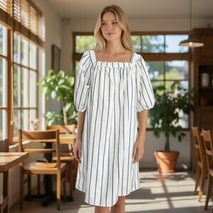 Rachel Parcel Striped Puff Sleeve Dress NWT Size M Square Neckline Relaxed Fit